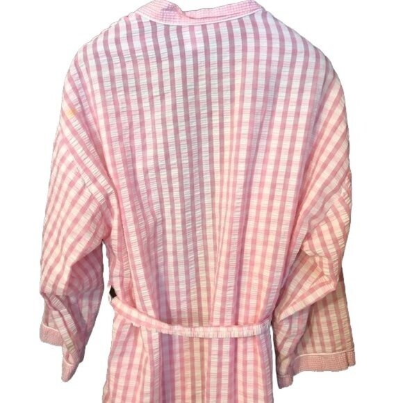 vintage adonna plaid bathrobe pink white belted knee high sheer open front READ - Picture 2 of 6